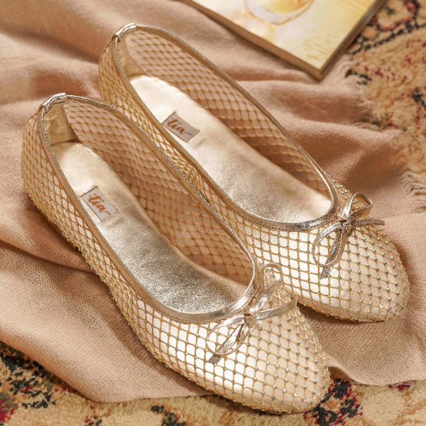 Elegant Womens Pumps – Nadia Gold Crystal Bow
